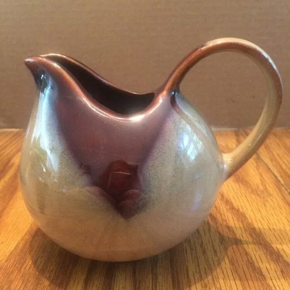 VTG Studio Pottery Glazed Creamer & Sugar Bowl Lid Brown Purple Beige Set Earthy